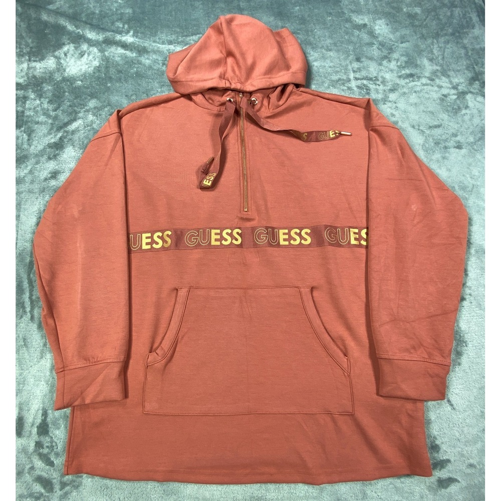 Guess Hoodie Medium Pink Mauve Quarter Zip Sweatshirt Kangaroo Pocket Soft Cozy